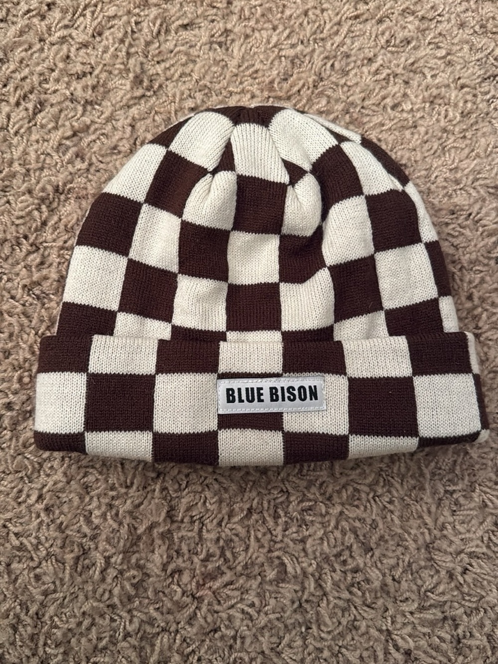 Brown & Cream Checkered Knit Beanie